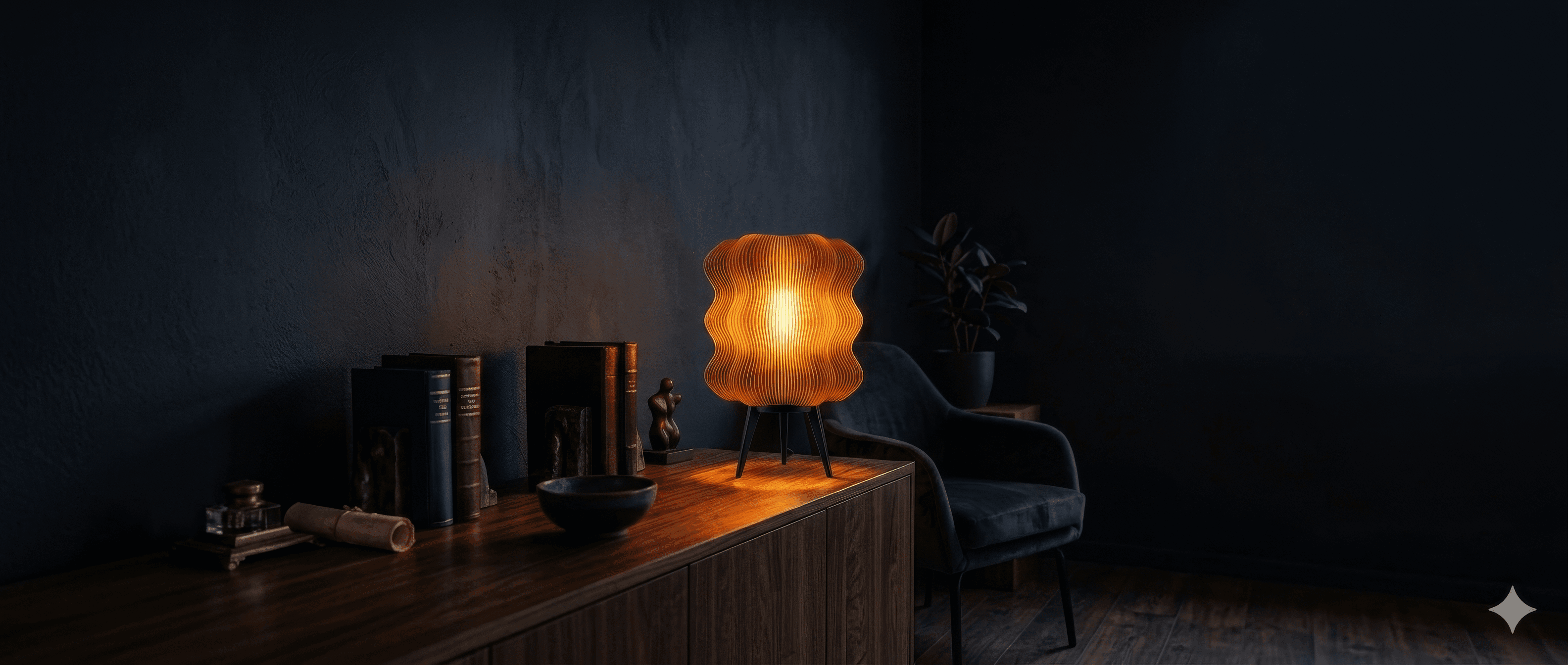 Amber Wave Lamp glowing on a dark credenza