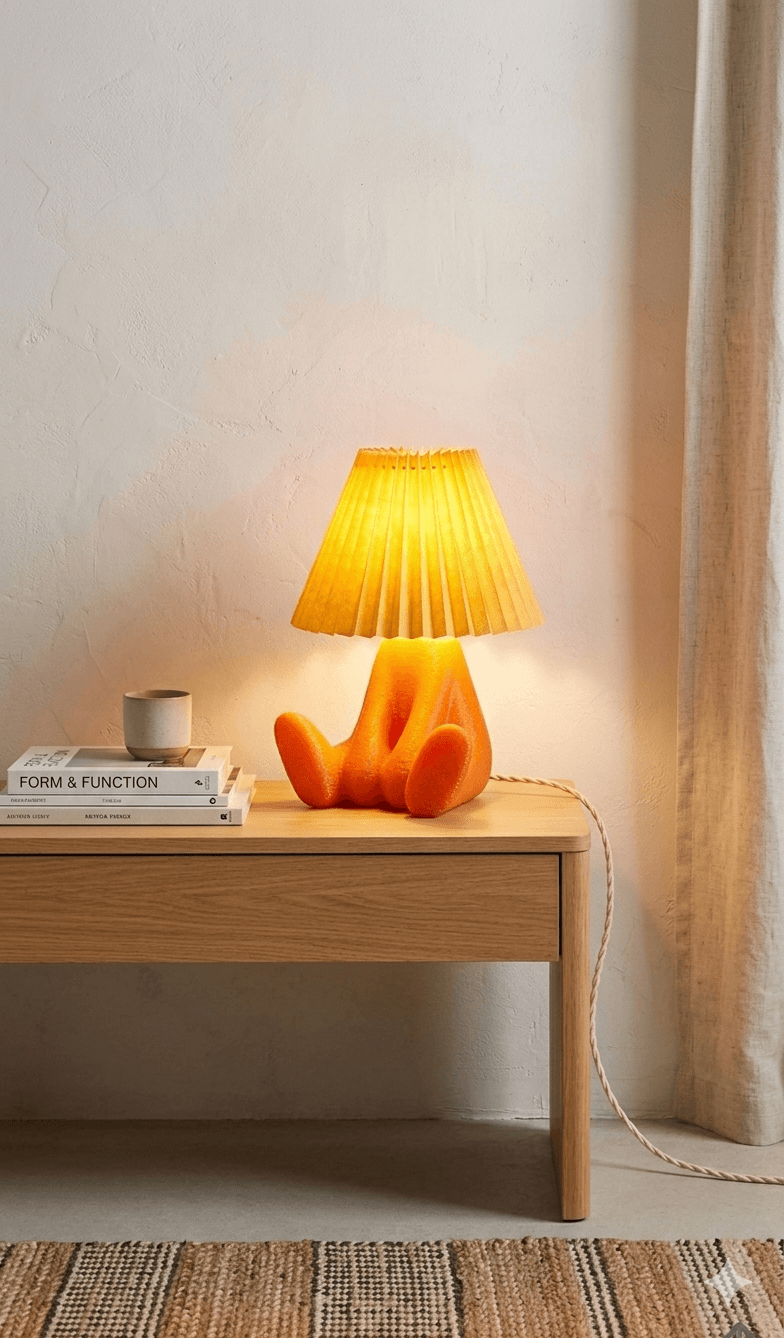 Loopy lamp on a wooden bench in a styled setting